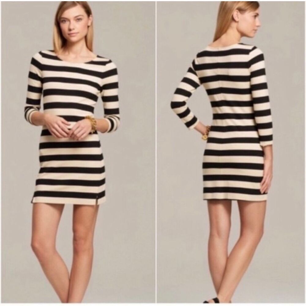 Theory Cream and Black Striped Dress Size Small The Onita Dress Women's 3/4 Slee